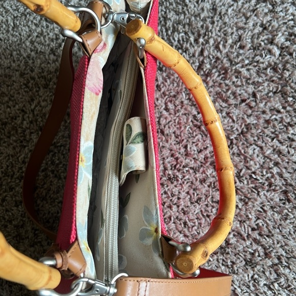 Fossil Bamboo Wooden Handle Woven Satchel Crossbody Pink Purse - Picture 3 of 12